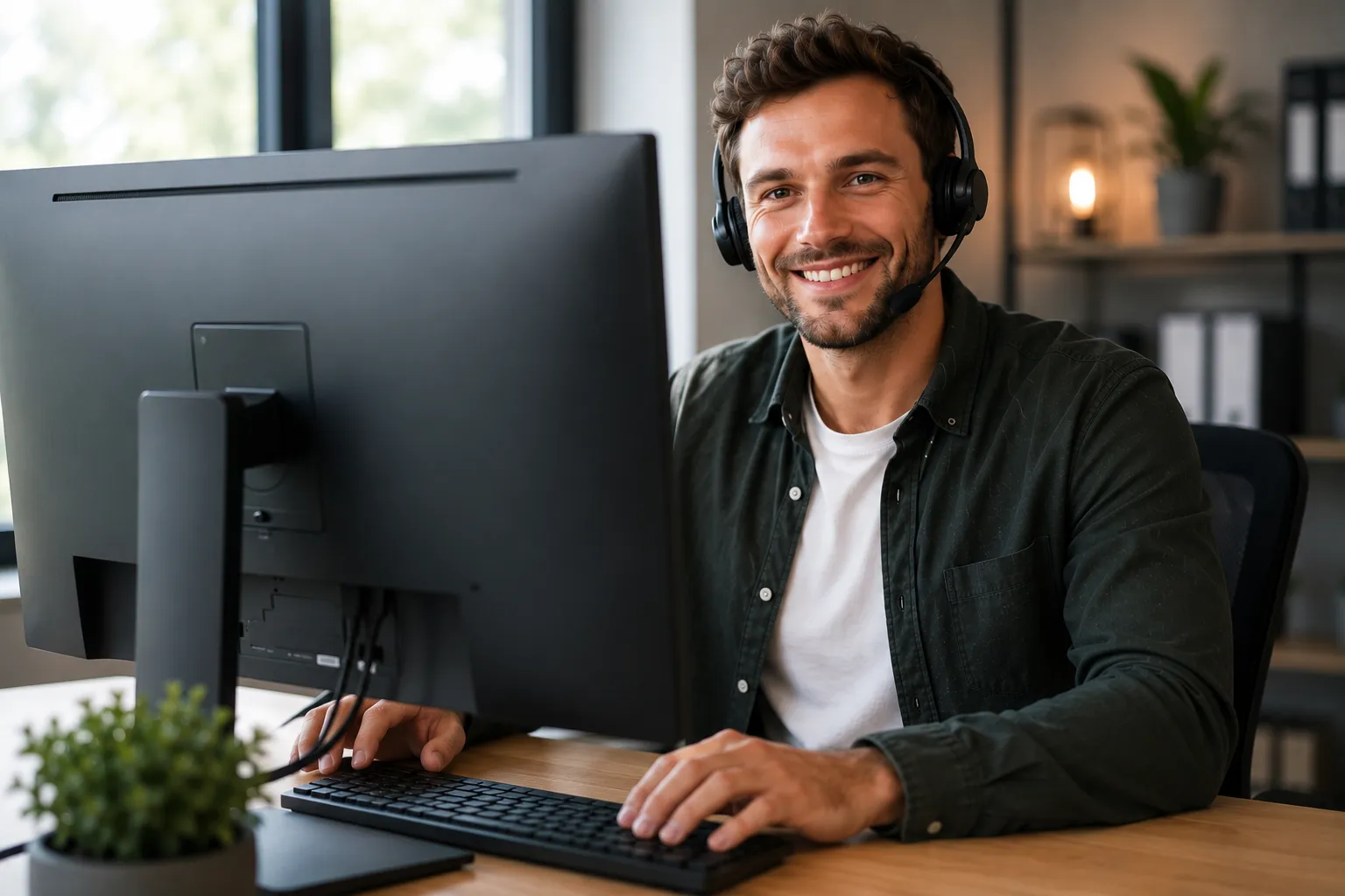 Smiling support agent with headset at a desk – symbol image for service desk & helpdesk