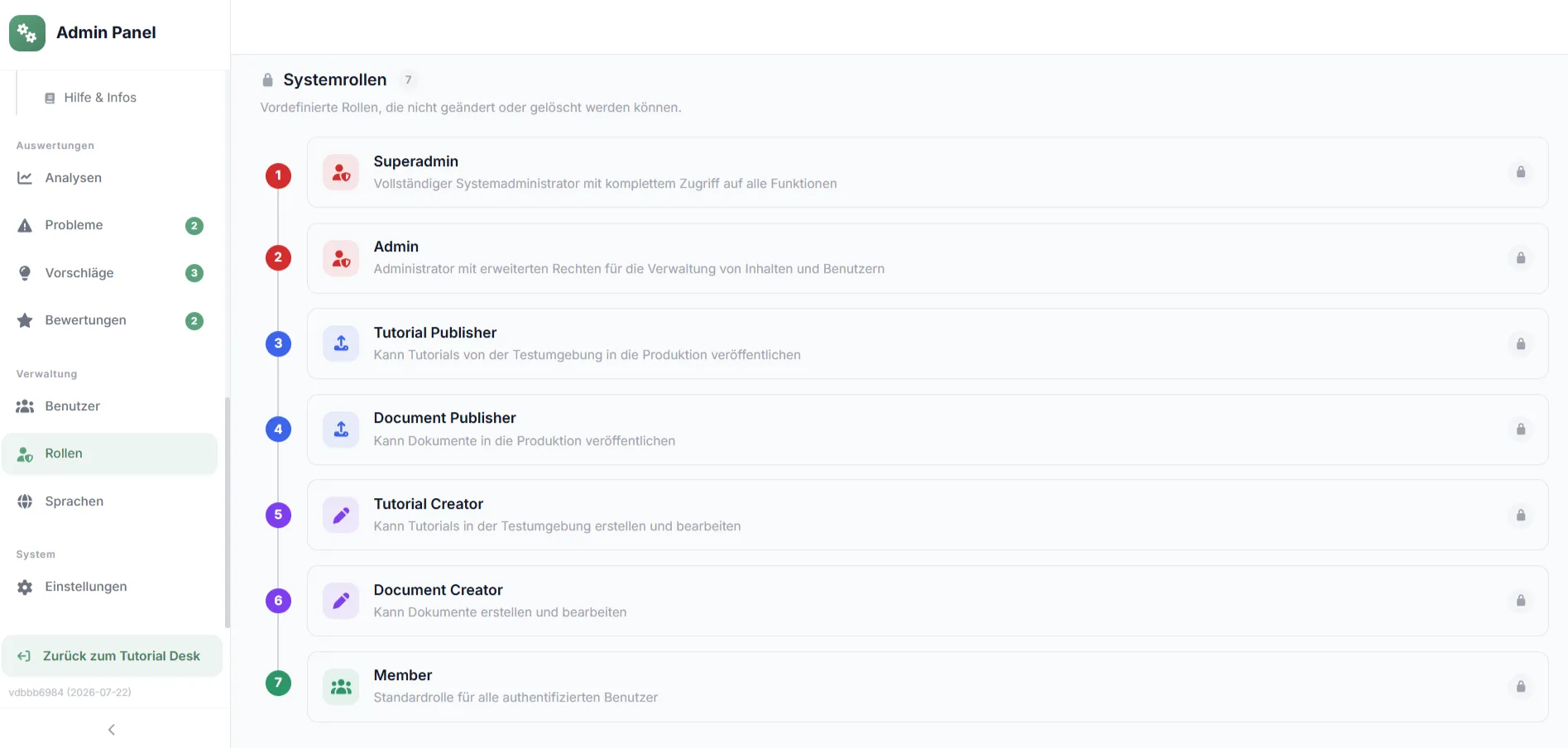 Admin-Dashboard von readyplace mit Tutorials, Kategorien und Rollen